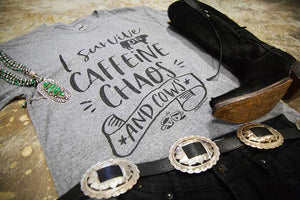 Caffeine Chaos and Cows - Grey Couture Collection Adult Short Sleeve Tee