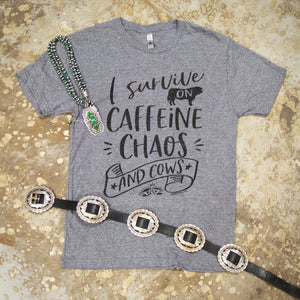 Caffeine Chaos and Cows - Grey Couture Collection Adult Short Sleeve Tee
