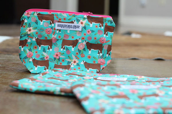 Turquoise Floral Fabric Bag With Hereford Cow