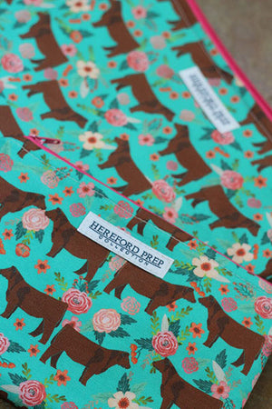 Turquoise Floral Fabric Bag With Red Angus/ Shorthorn